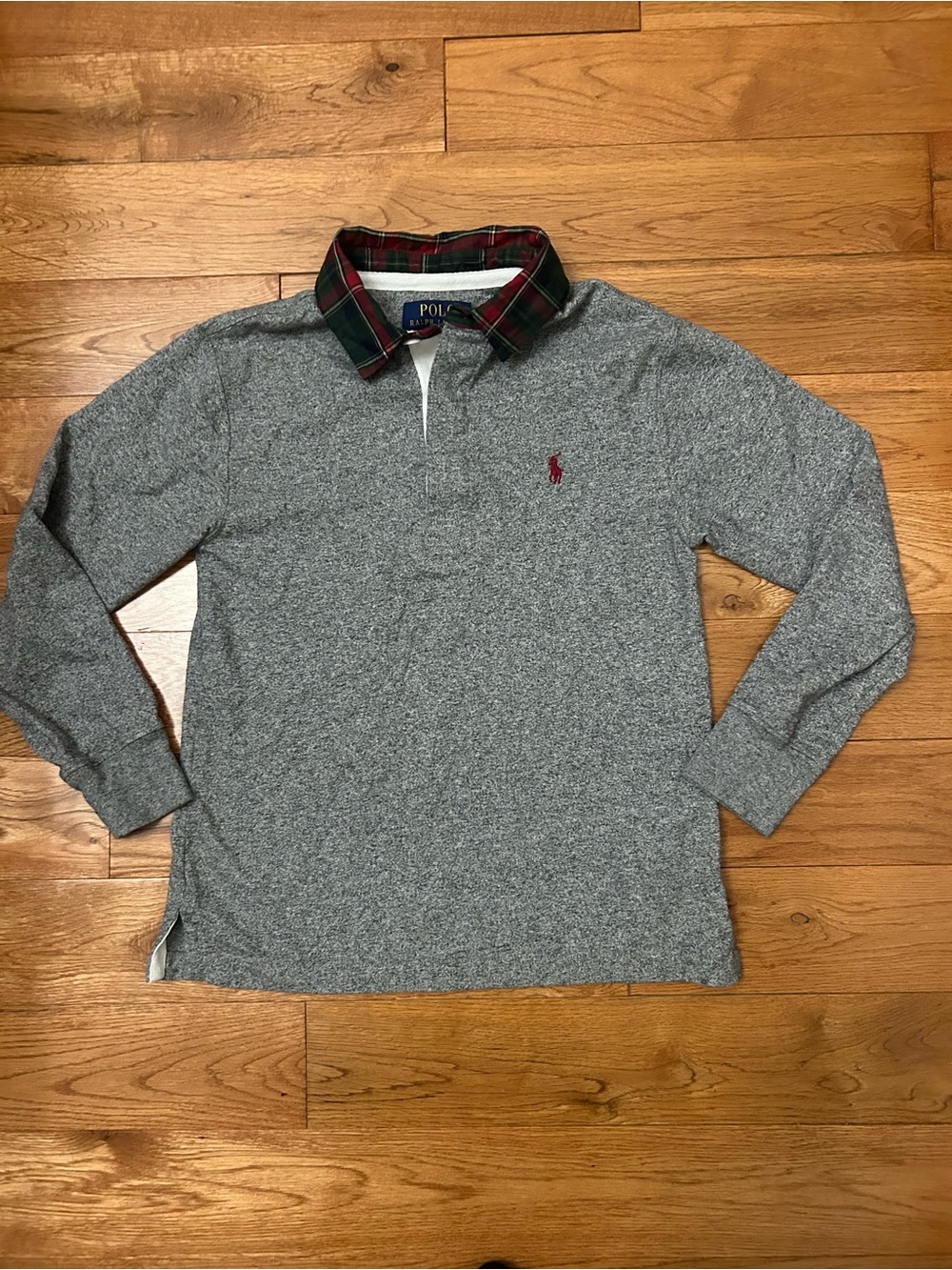 Polo Ralph Lauren Boys Gray Rugby Shirt Plaid Collar Size 8